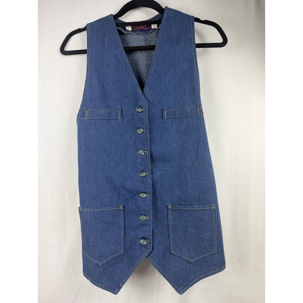 VTG 1970s Landlubber Unisex Denim Vest w/Tie Waist Button Front USA Mens M